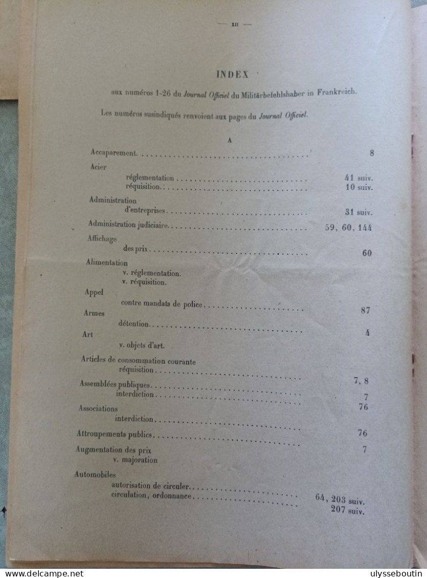 39/45 Verordnungsblatt Des Militärsbefehlshaber In Frankreich. Journal Officiel. 31 Mars 1941 Index 1-26 - Documentos