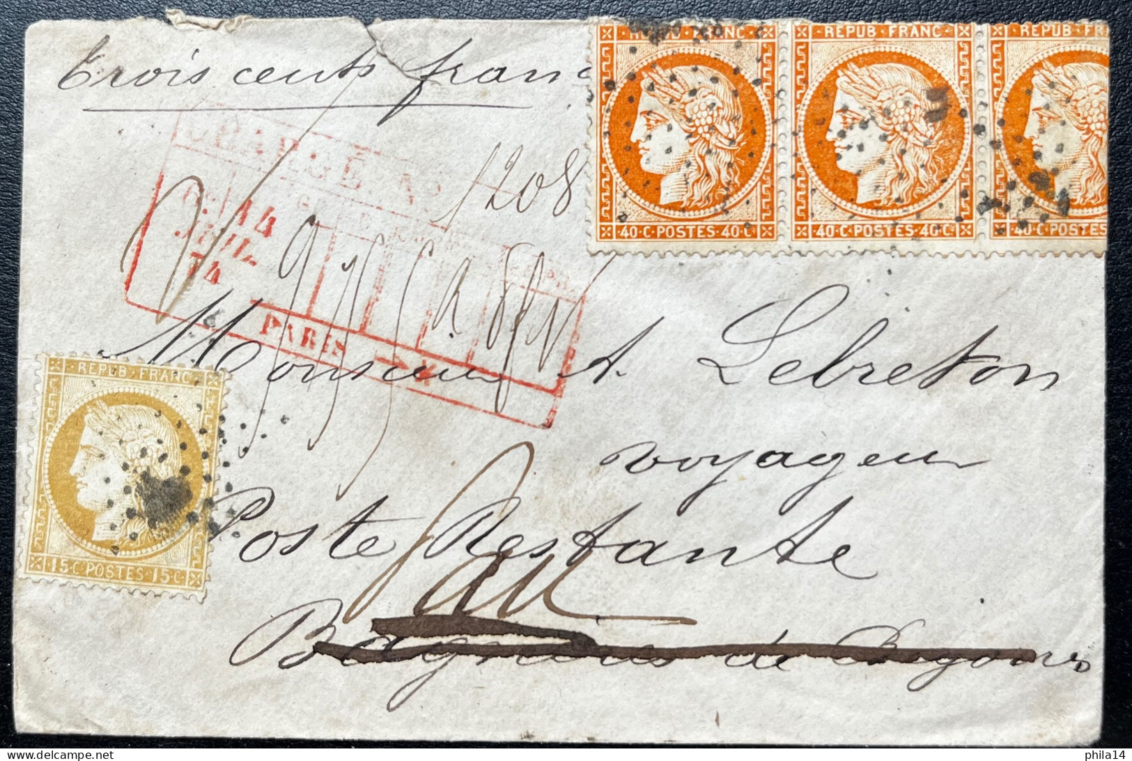 BANDE DE 3 N°38 40c ORANGE & N° 55 10c BISTRE CERES SUR ENVELOPPE CHARGEE / ETOILE DE PARIS / 14 JUIL 1874 / LSC - 1849-1876: Classic Period