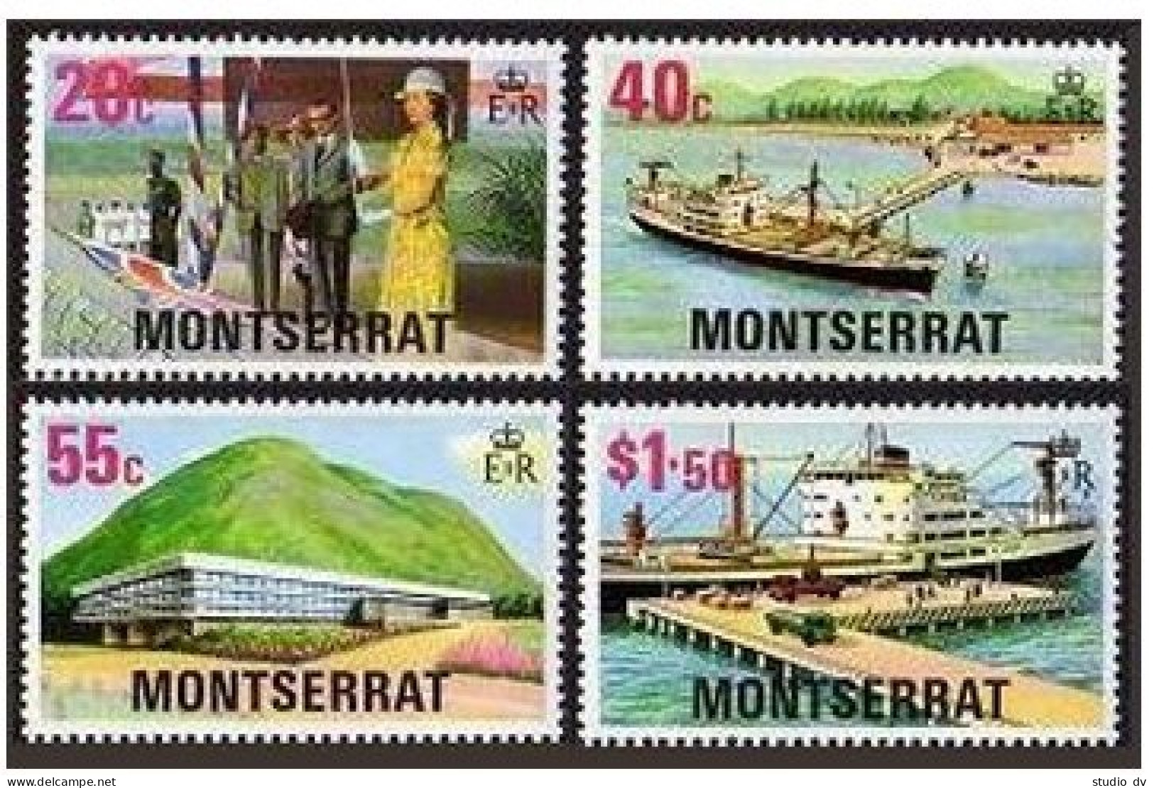 Montserrat 370-373, 373a, MNH. Mi 370-373, Bl.13. 1977. Hospital, Jetty, Ships, - Montserrat