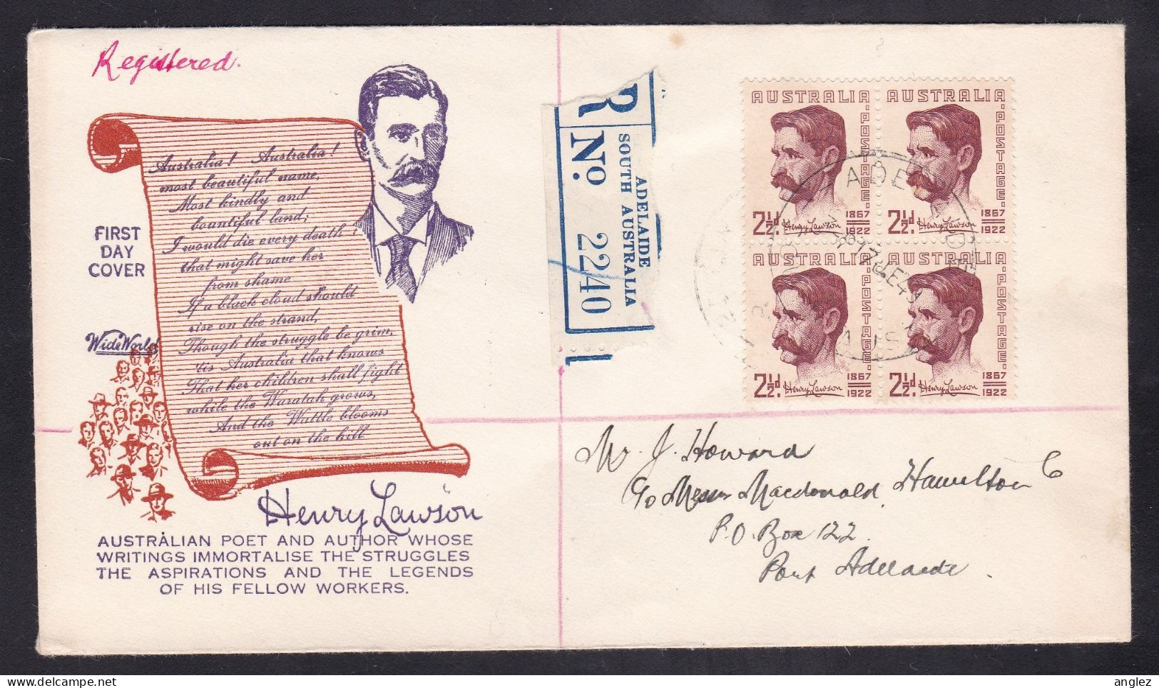 Australia - 1949 Henry Lawson (Poet) Registered First Day Cover - Primo Giorno D'emissione (FDC)