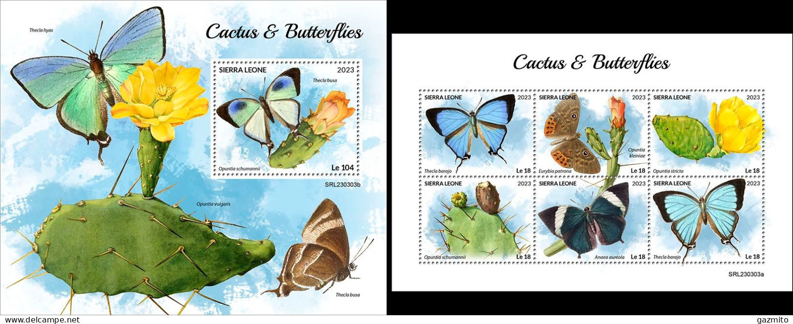 Sierra Leone 2023, Cactus And Butterflies, 6val In BF +BF - Cactusses