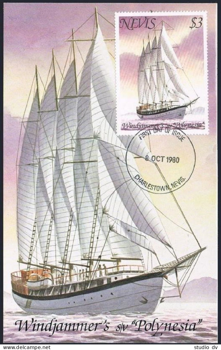 Nevis 117 Card-maximum, MNH. Water Transportation, 1980. Windjammer POLYNESIA. - St.Kitts And Nevis ( 1983-...)