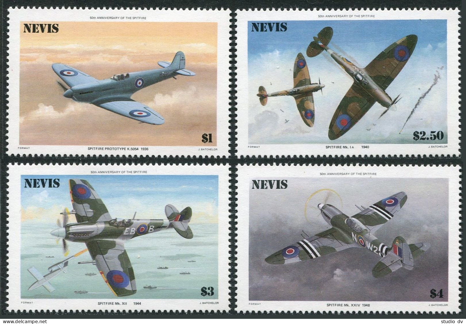 Nevis 460-463, Damaged Gum. Mi 360-363. Spitfire Fighter Plane, 50th Ann. 1986. - St.Kitts E Nevis ( 1983-...)