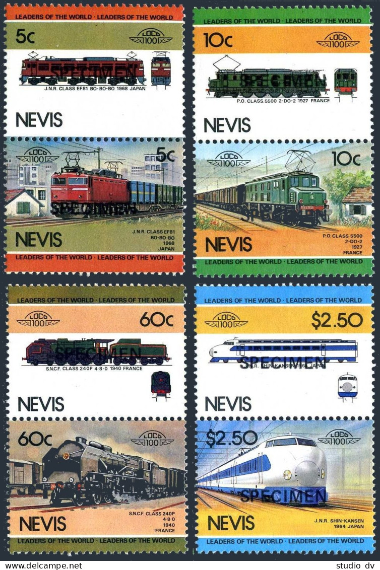 Nevis 191,4 Pairs SPECIMEN,MNH.Mi 202-209. Leaders Of World Locomotives,1984. - St.Kitts And Nevis ( 1983-...)