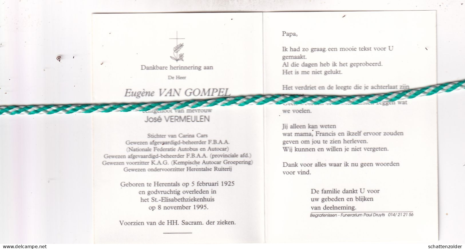 Eugène Van Gompel-Vermeulen, Herentals 1925; 1995. Stichter Carina Cars, Foto - Obituary Notices