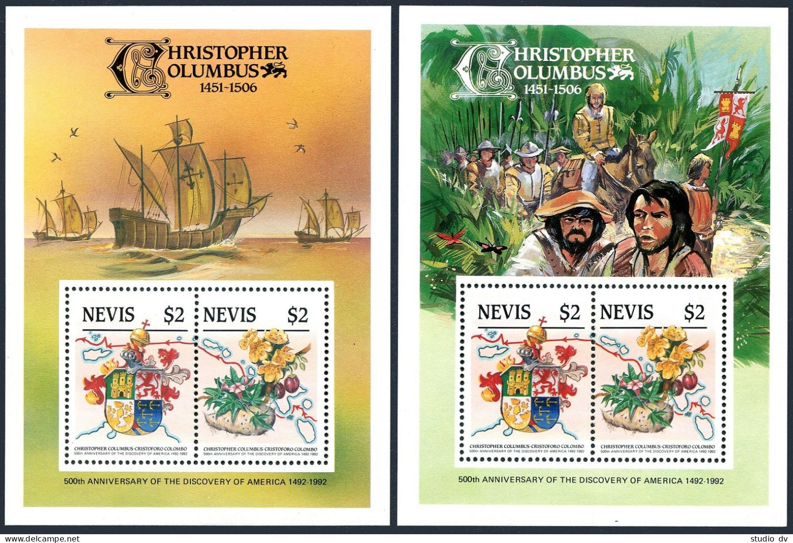 Nevis 465c-467c Deluxe 2 Var,MNH. Discovery Of America-500. Indian,Columbus,Ship - St.Kitts And Nevis ( 1983-...)