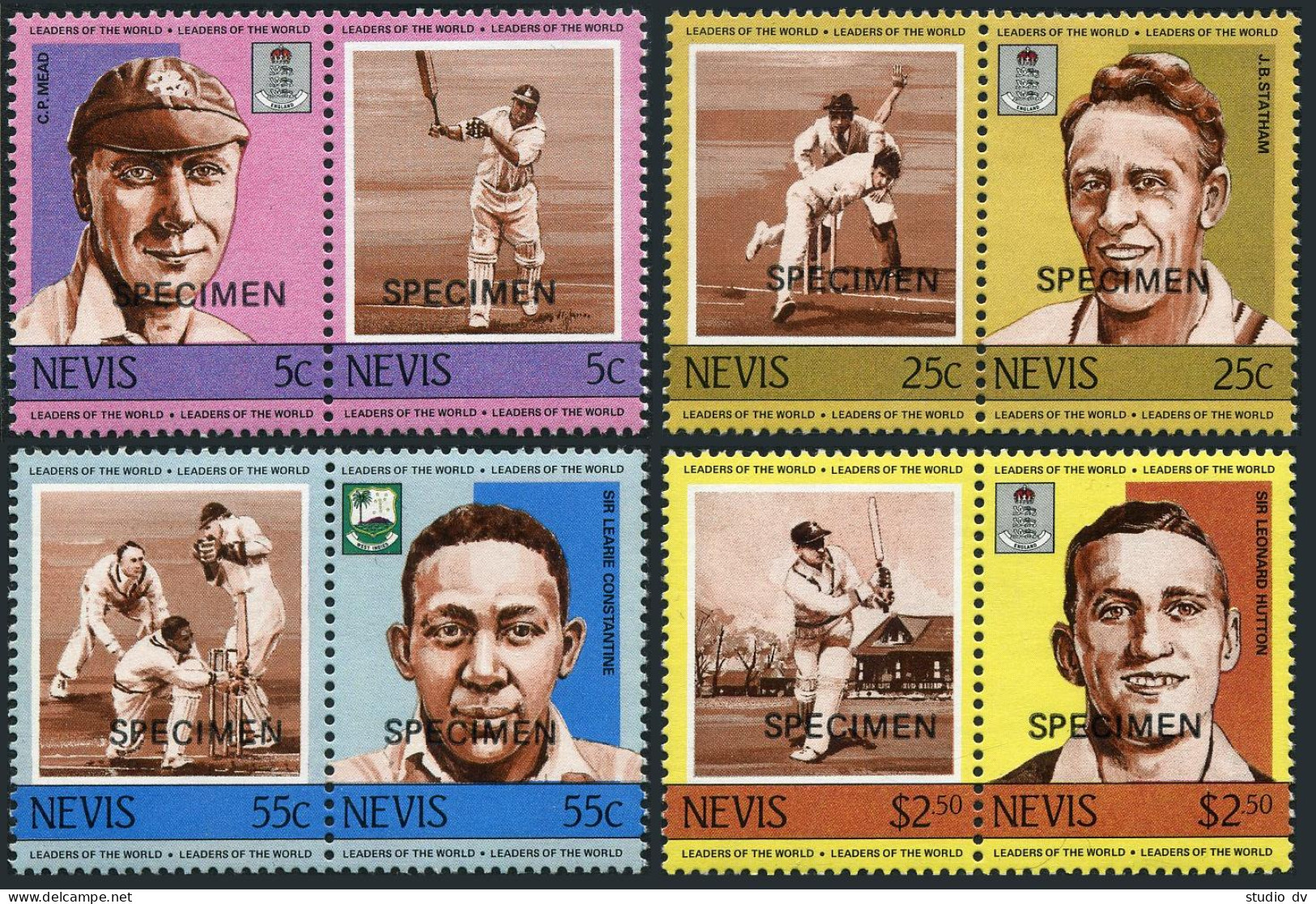 Nevis 383-390 Ab SPECIMEN,MNH.Mi 186-193,220-227. World Leaders-Cricket Players. - St.Kitts-et-Nevis ( 1983-...)