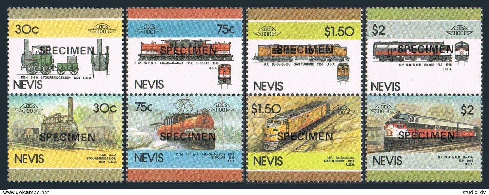 Nevis 195 Ab X4 5th Set SPECIMEN,MNH. Mi 340-347.Leaders:World Locomotives,1985. - St.Kitts And Nevis ( 1983-...)