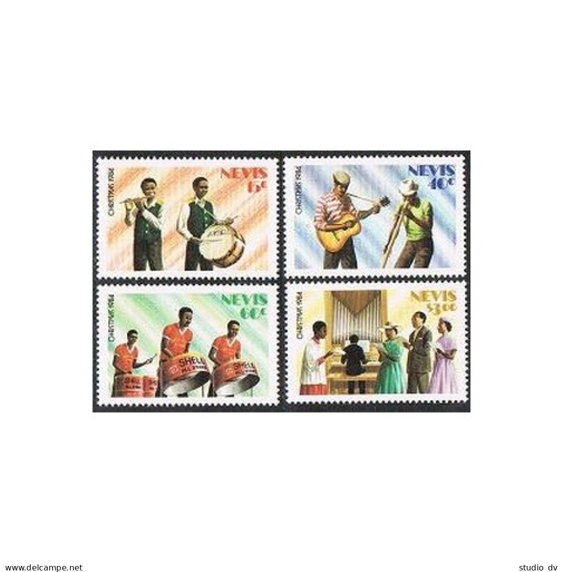 Nevis 399-402, MNH. Michel 210-213. Christmas 1984. Musicians From Local Bands. - St.Kitts And Nevis ( 1983-...)