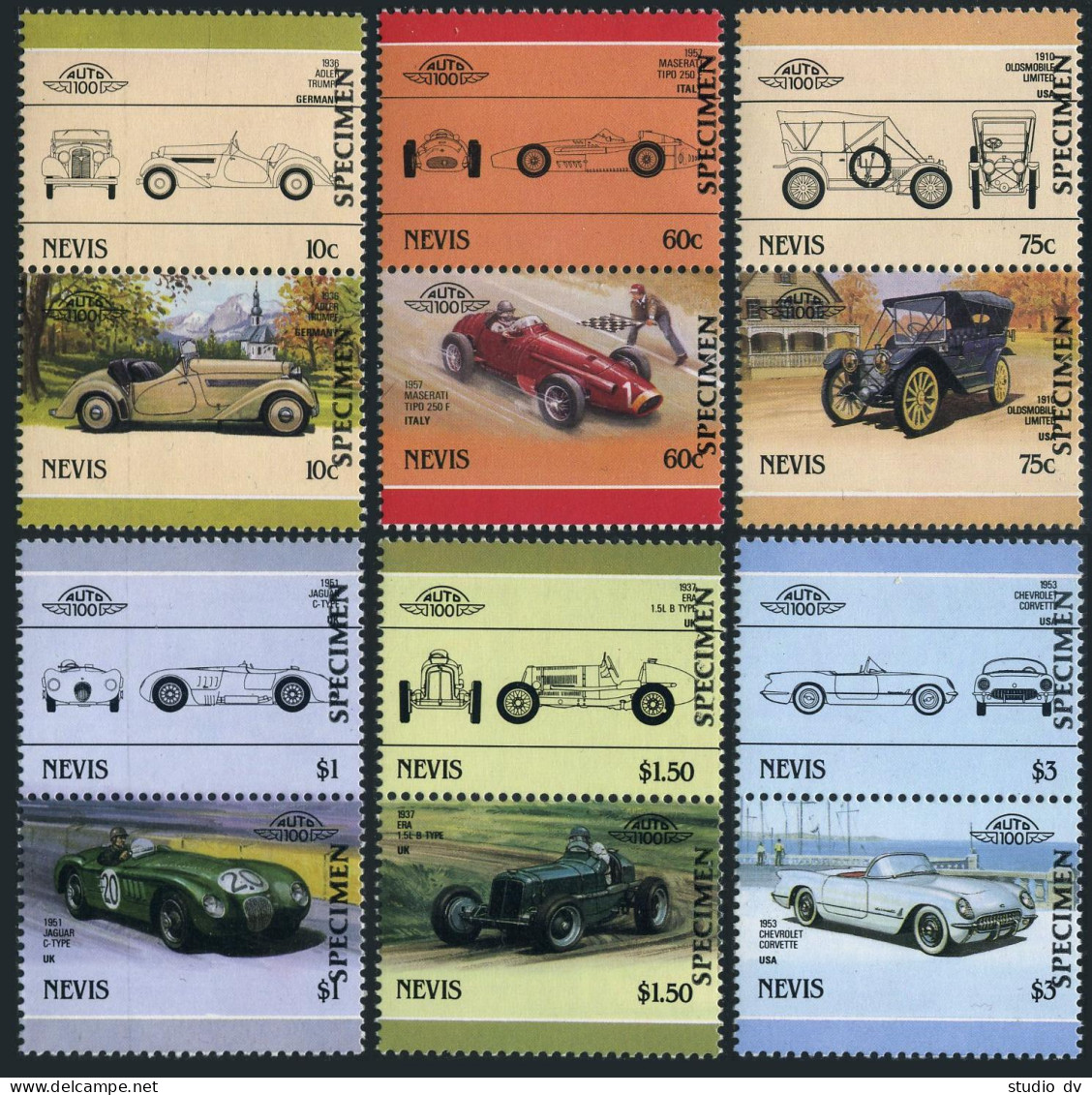 Nevis 292 Ab X6 Set 5 SPECIMEN,MNH.Mi 348-359. Leaders:World Classic Cars,1986. - St.Kitts And Nevis ( 1983-...)