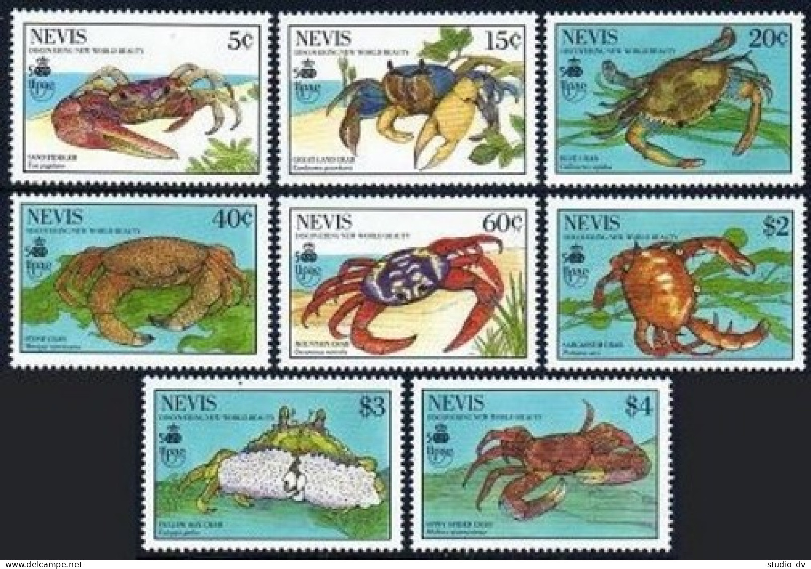 Nevis 606-613, MNH. Michel 538-545. UPAEP 1990. Discovery Of America 500. Crabs. - St.Kitts And Nevis ( 1983-...)