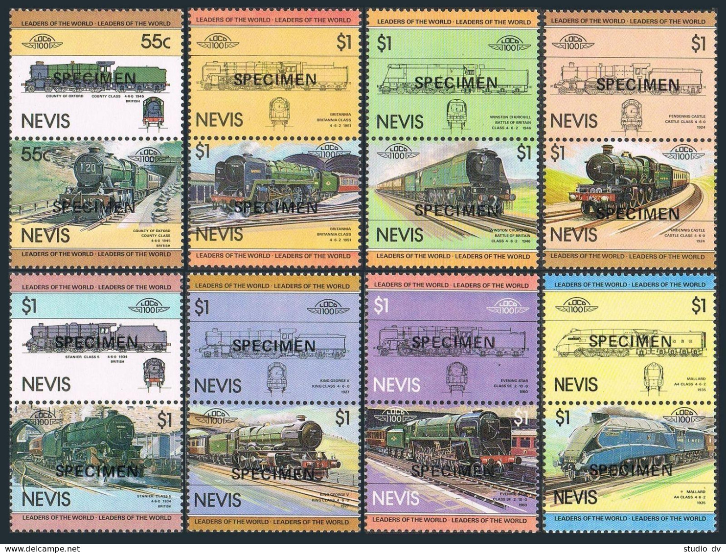 Nevis 198 Ab X8,1st Set SPECIMEN,MNH.Mi 115-130. Leaders:World Locomotives,1983. - St.Kitts And Nevis ( 1983-...)