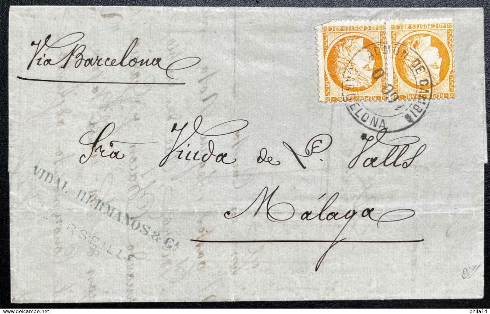 PAIRE N°38 40c ORANGE CERES SUR LETTRE / CACHET ESPAGNOL ADMON DE CAMBIA BARCELONA / OCT 1874 / LAC / SIGNEE - 1849-1876: Période Classique