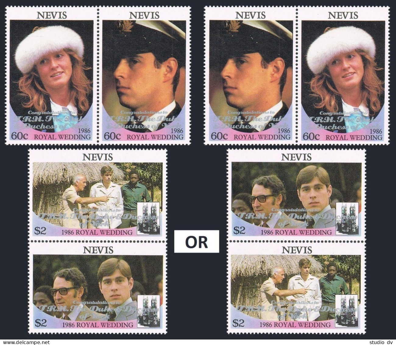 Nevis 521-522 Pairs,MNH.Michel 444-447. Prince Andrew-Sarah Ferguson,overprinted - St.Kitts And Nevis ( 1983-...)