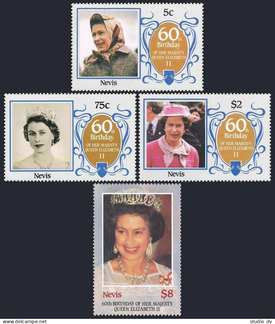 Nevis 472-475,476,MNH.Michel 372-375,Bl.10. Queen Elizabeth II,60th Birthday. - St.Kitts And Nevis ( 1983-...)