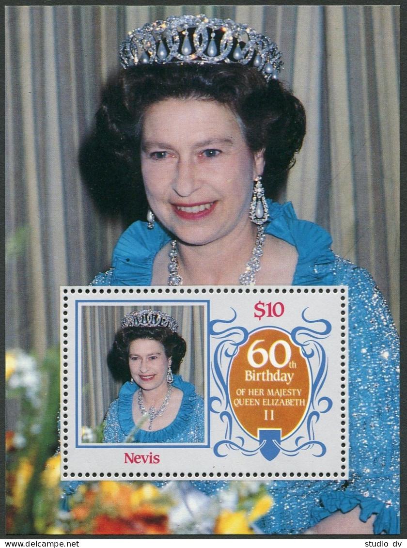 Nevis 472-475,476,MNH.Michel 372-375,Bl.10. Queen Elizabeth II,60th Birthday. - St.Kitts E Nevis ( 1983-...)