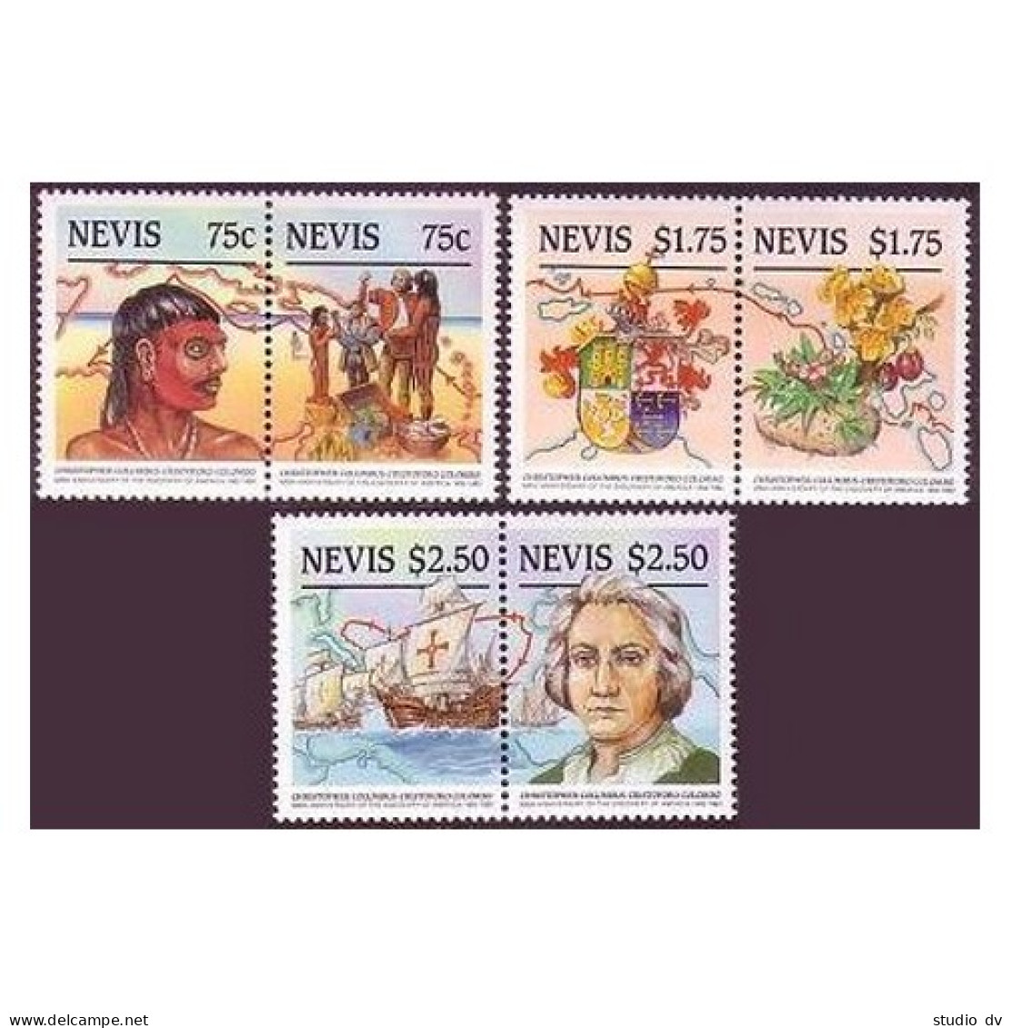 Nevis 465-467 Ab,MNH.Mi 365-370. Discovery Of America-500. Native, Fruit, Fleet. - St.Kitts Und Nevis ( 1983-...)