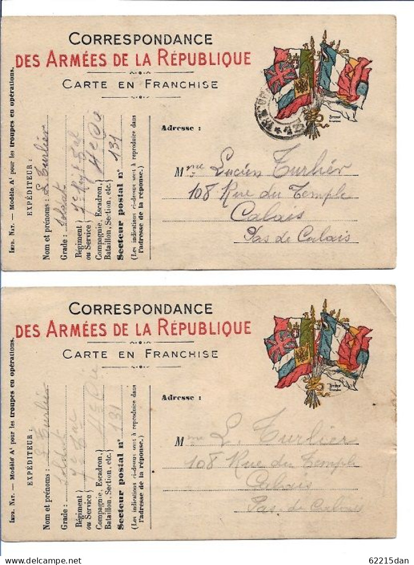 CORRESPONDANCE DES ARMEES DE LA REPUBLIQUE CARTE EN FRANCHISE 1915 DESTINATION CALAIS - Regimente