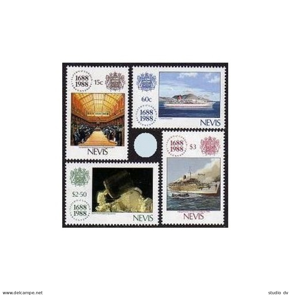 Nevis 571-574,MNH.Michel 501-504. Lloyds Of London-300th Ann.1988.Ships. - St.Kitts-et-Nevis ( 1983-...)