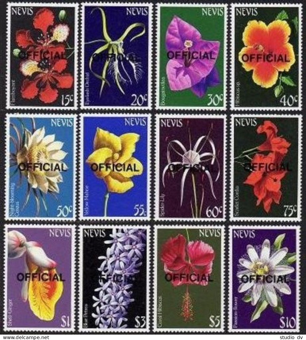 Nevis O29-O40, MNH. Mi D29-D40. Official 1985. Flowers: Flamboyant,Orchid,Mahoe, - St.Kitts And Nevis ( 1983-...)