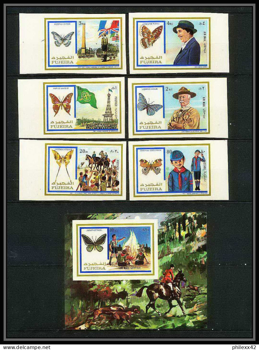 233e Fujeira MNH ** Mi N° 999/1004 B + BLOC 105 B Non Dentelé Imperf Scout (scouting - Jamboree) Papillon (butterflies) - Fujeira