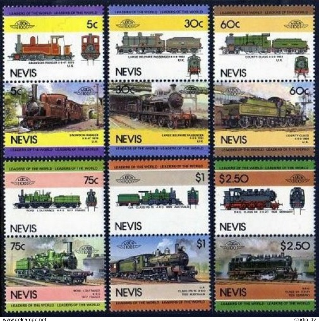 Nevis 192ab X6,4th Set,MNH.Michel 280-291. Leaders Of World Locomotives,1985. - St.Kitts Und Nevis ( 1983-...)
