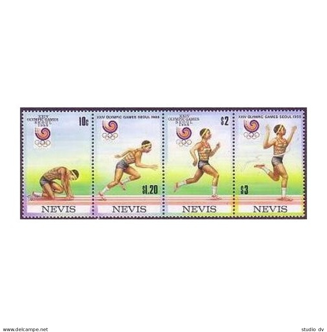 Nevis 569 Ad Strip,569e,MNH.Michel 492-495,Bl.18. Olympics Seoul-1988.Running. - St.Kitts-et-Nevis ( 1983-...)