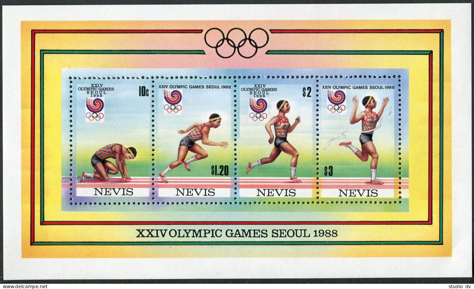 Nevis 569 Ad Strip,569e,MNH.Michel 492-495,Bl.18. Olympics Seoul-1988.Running. - St.Kitts And Nevis ( 1983-...)