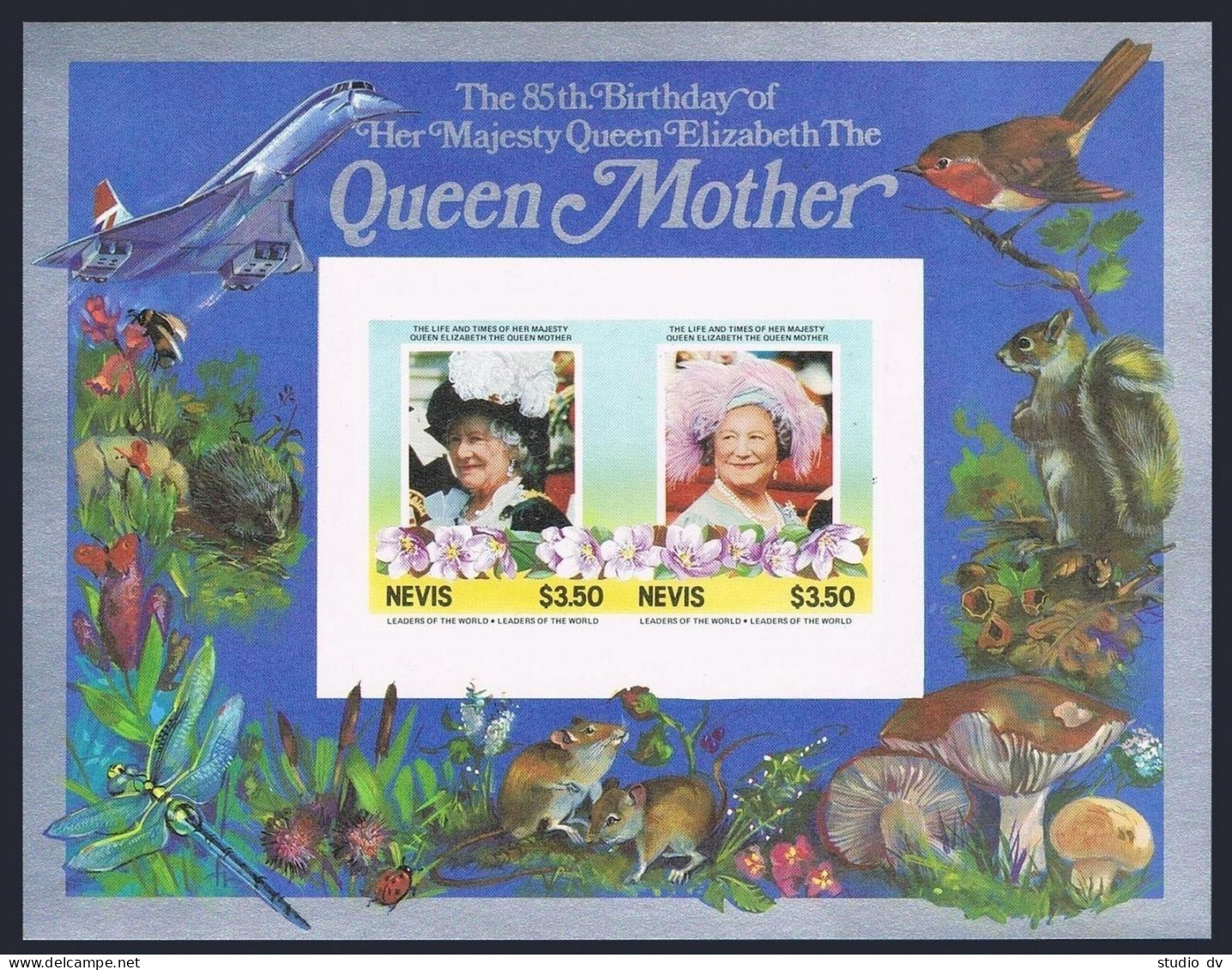 Nevis 432-433 Imperf, MNH. Michel Bl.6B-7B. Queen Mother, 85th Birthday. Fauna. - St.Kitts Und Nevis ( 1983-...)