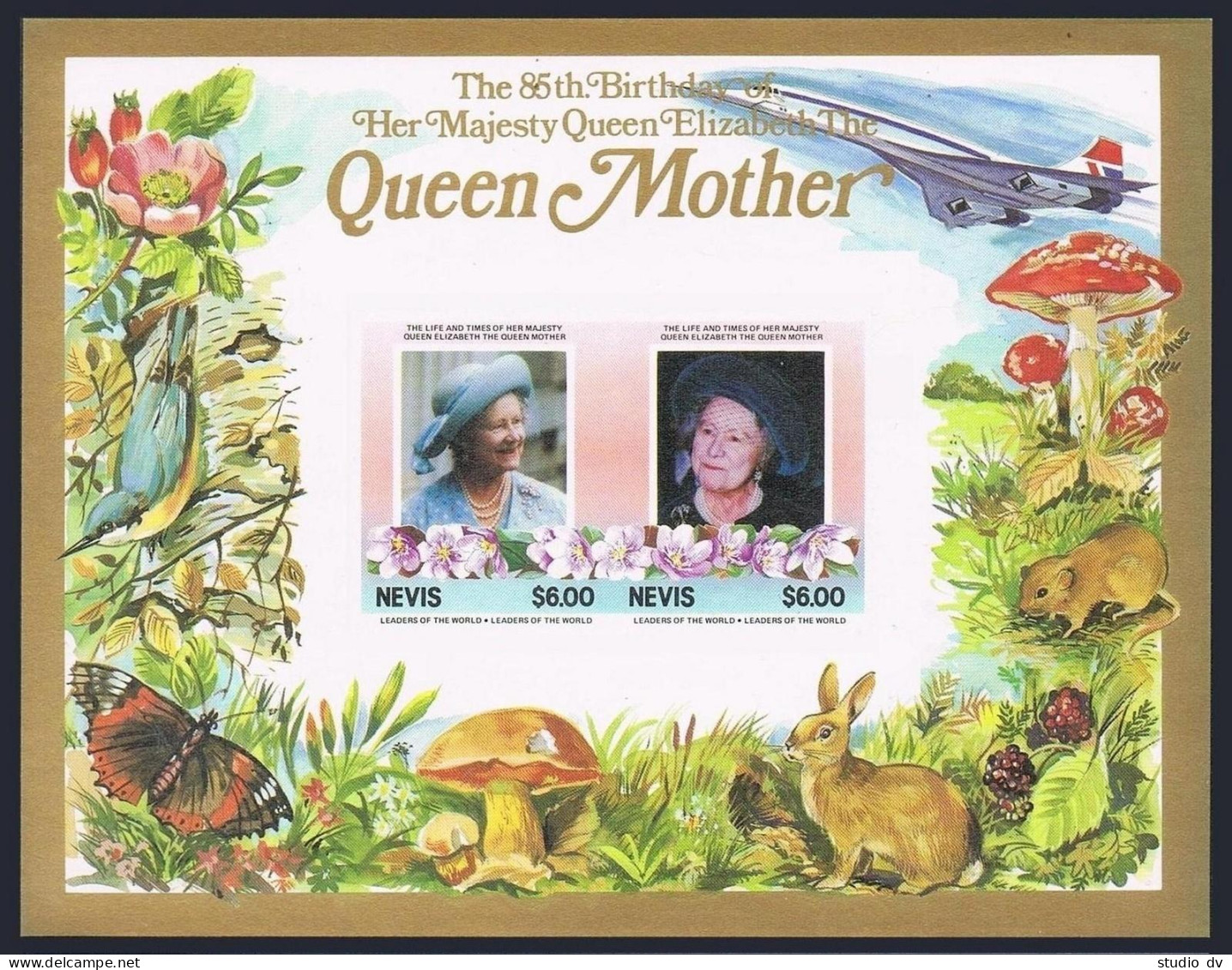 Nevis 432-433 Imperf, MNH. Michel Bl.6B-7B. Queen Mother, 85th Birthday. Fauna. - St.Kitts Und Nevis ( 1983-...)