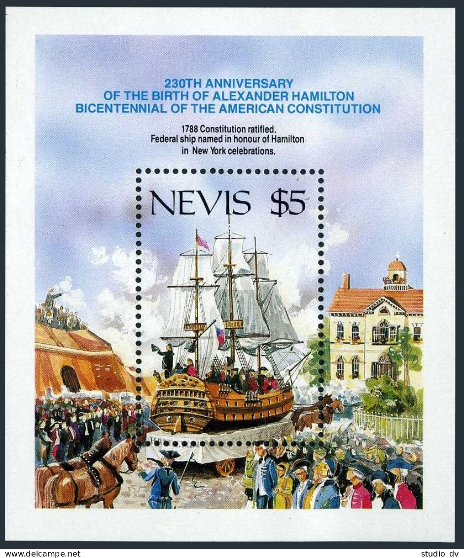 Nevis 533-536, 537, MNH. Mi 456-459,Bl.16. A.Hamilton, US Constitution-200,Ship. - St.Kitts Und Nevis ( 1983-...)