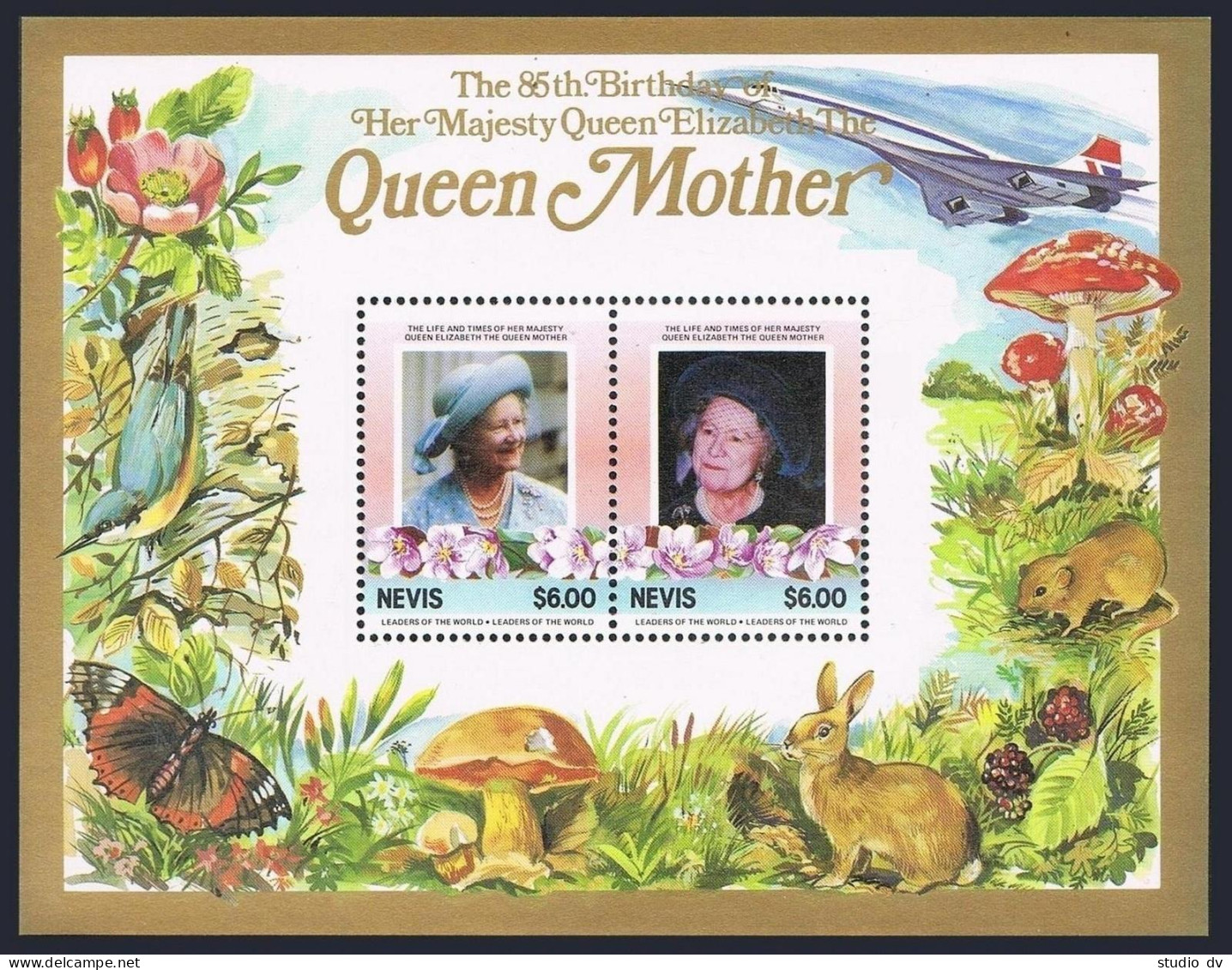 Nevis 432-433, MNH. Michel Bl.6-7. Queen Mother Elizabeth, 85th Birthday. Fauna. - St.Kitts En Nevis ( 1983-...)