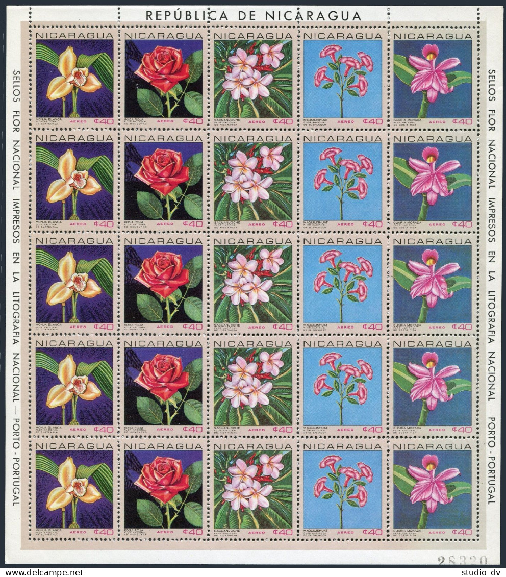 Nicaragua C626-C630a Sheet, MNH. Mi 1454-1458. National Flowers 1967.Rose,Orchid - Nicaragua