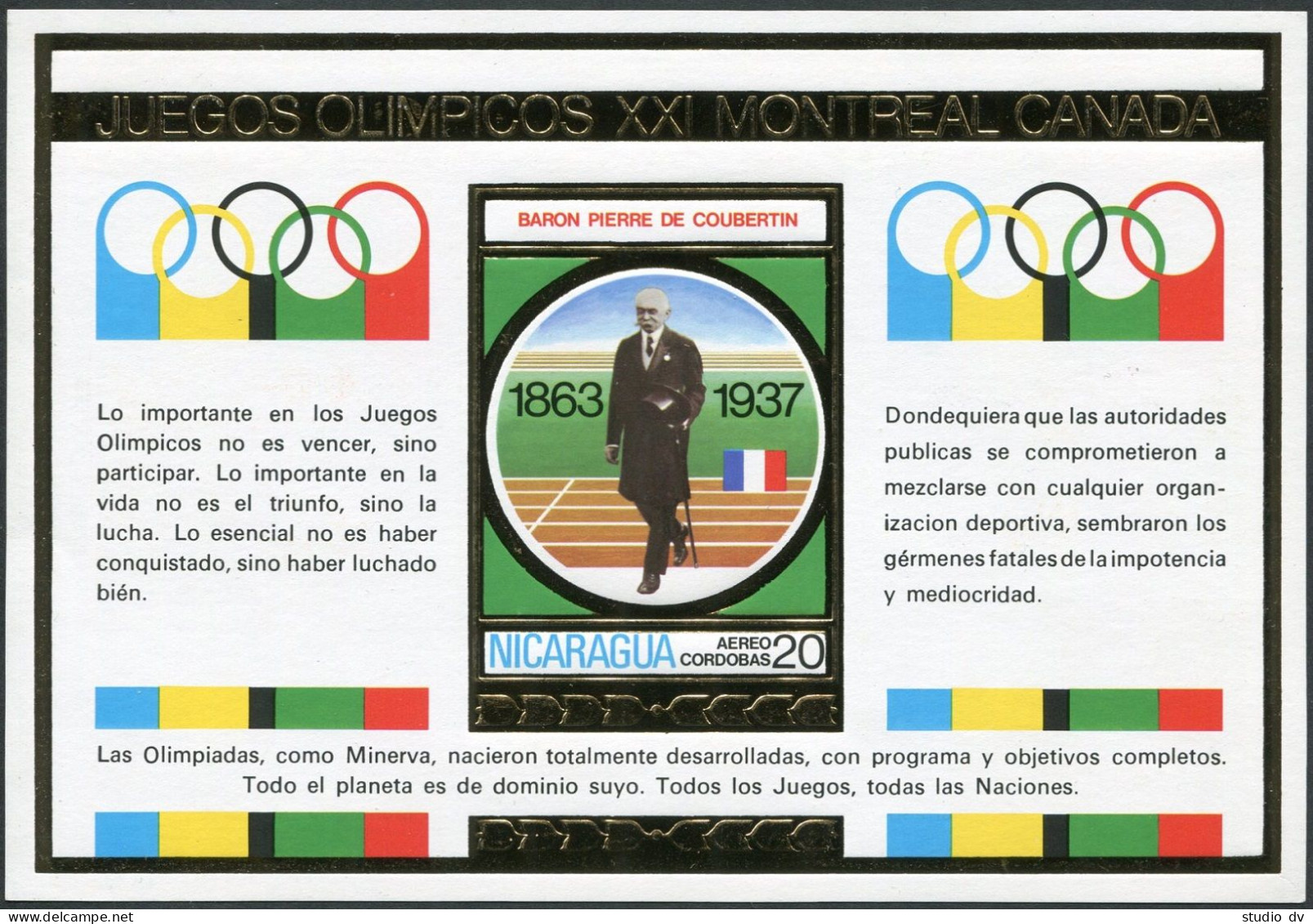 Nicaragua Michel 1899-1901 Bl.88-90, MNH. Olympics Montreal-1976. Coubertin, - Nicaragua