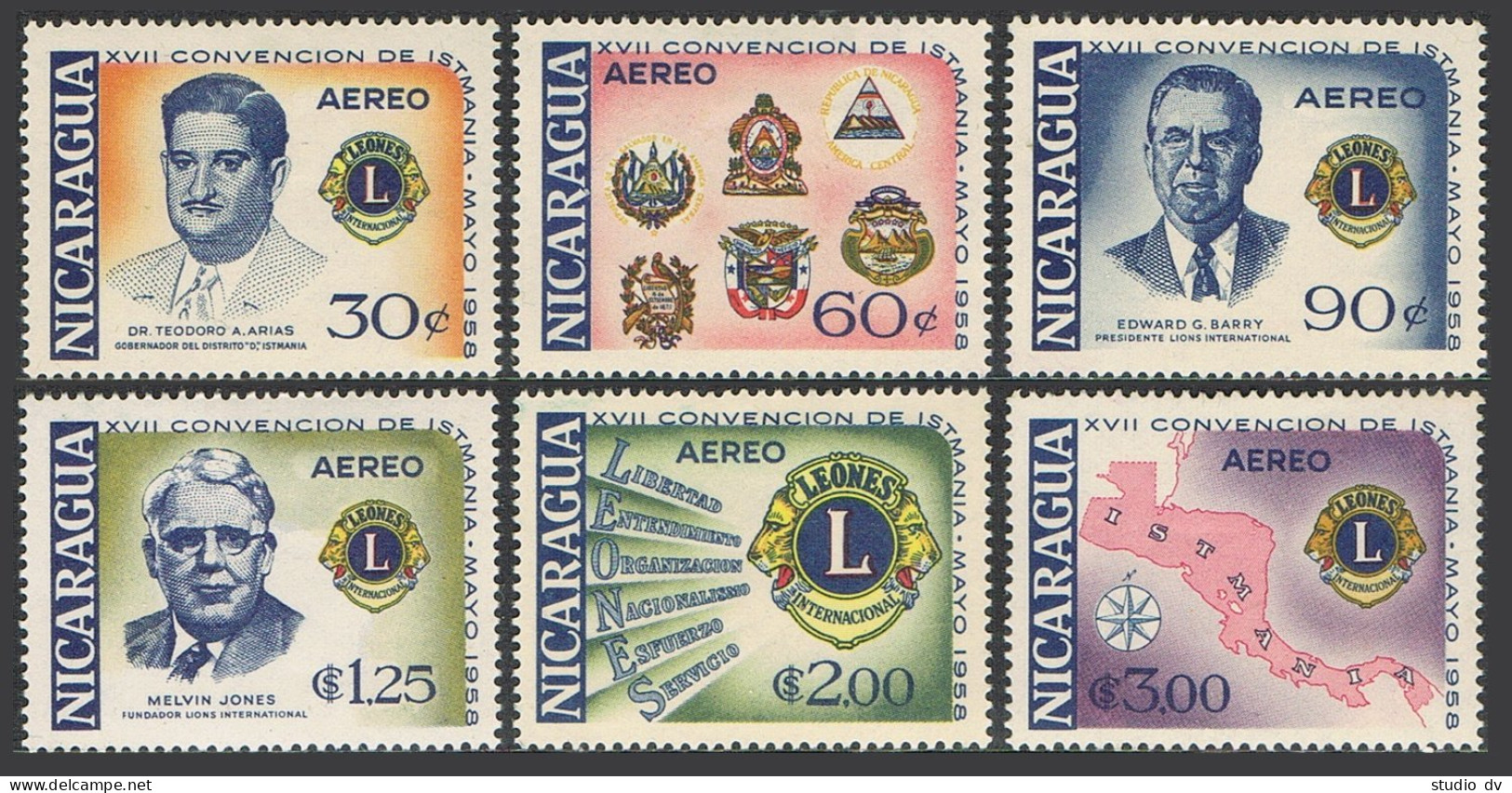 Nicaragua C410-C415, C415a, MNH. Mi 1187-1192, Bl.47. Convention Of Lions, 1958. - Nicaragua