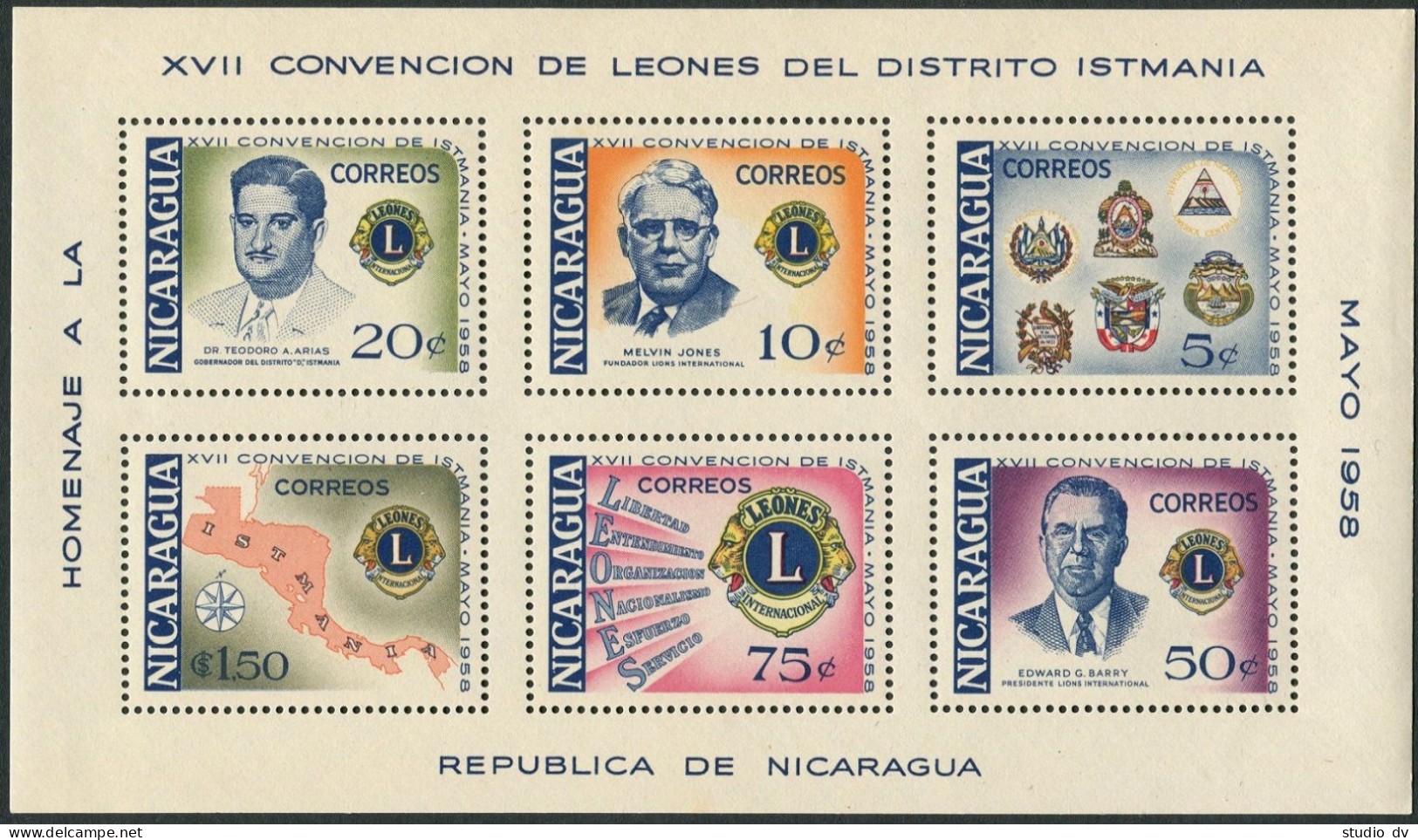 Nicaragua 805a,C415a, Hinged. Mi Bl.46-47. Lions Intl. 1958. Founders, Arms,Map. - Nicaragua