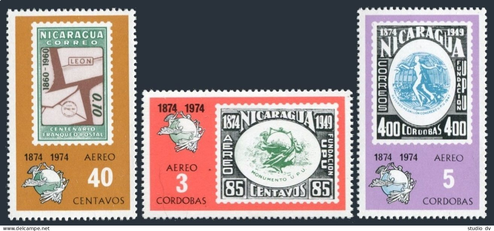 Nicaragua C855A-C855C, MNH. Mi 1793-1795. Air Post 1974.UPU-100. Stamp On Stamp. - Nicaragua
