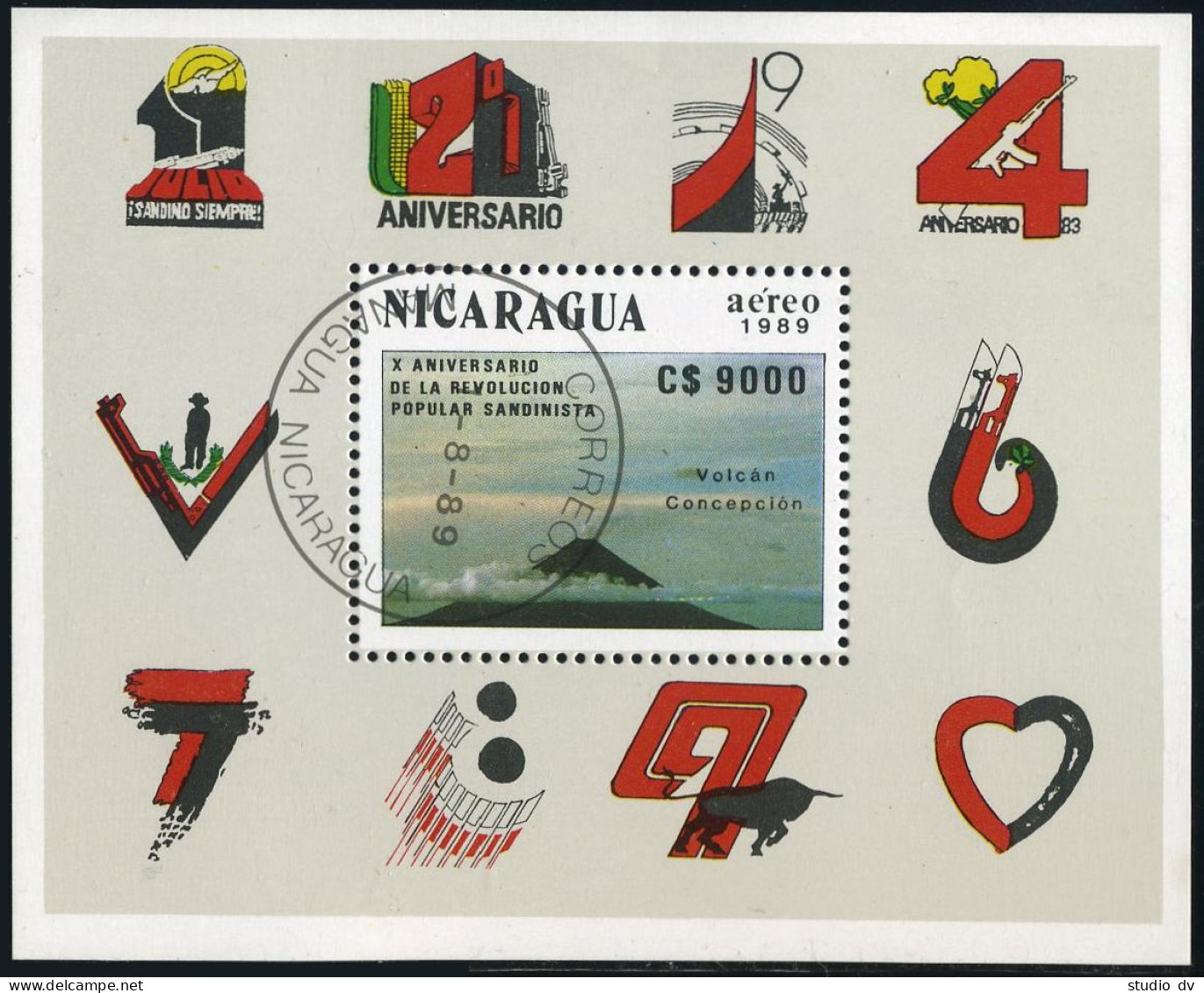 Nicaragua C1171, CTO. Mi 2976 Bl.188. Sandinista Revolution, 10, 1989. Volcano. - Nicaragua