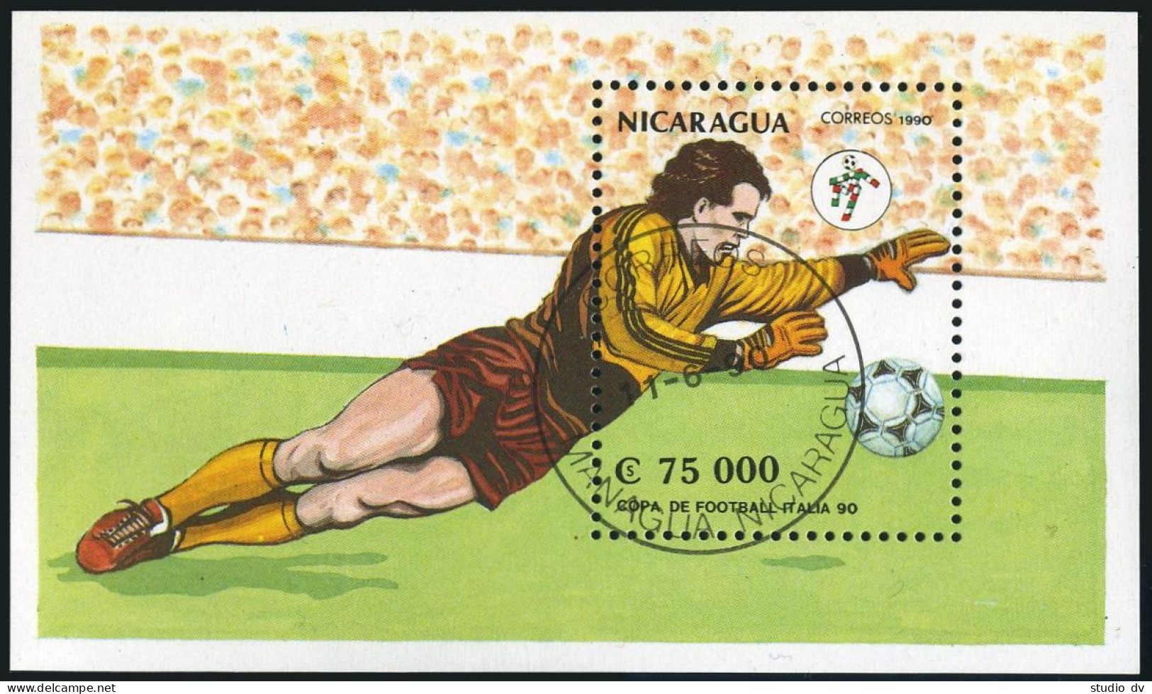 Nicaragua 1796, CTO. Michel 2992 Bl.190. World Soccer Cup Italy-1992. 1990. - Nicaragua