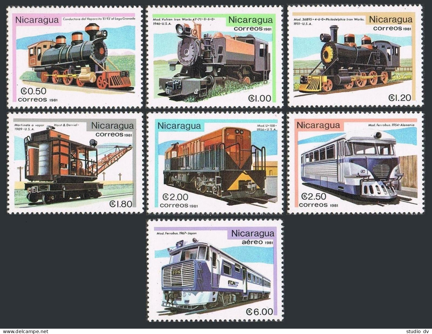 Nicaragua 1133-1138, C992, MNH. Michel 2231-2237. Locomotives 1981. - Nicaragua