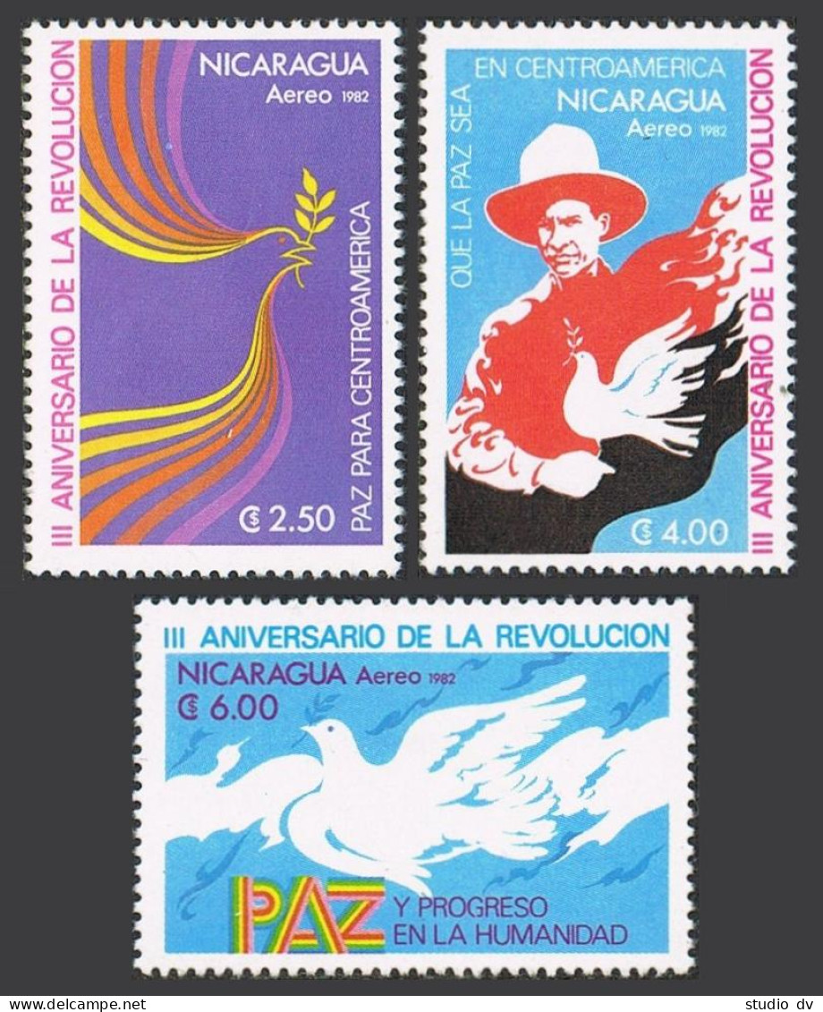 Nicaragua C1012-C1014, MNH. Michel 2282-2284. Revolution, 3rd Ann. 1982. Dove. - Nicaragua