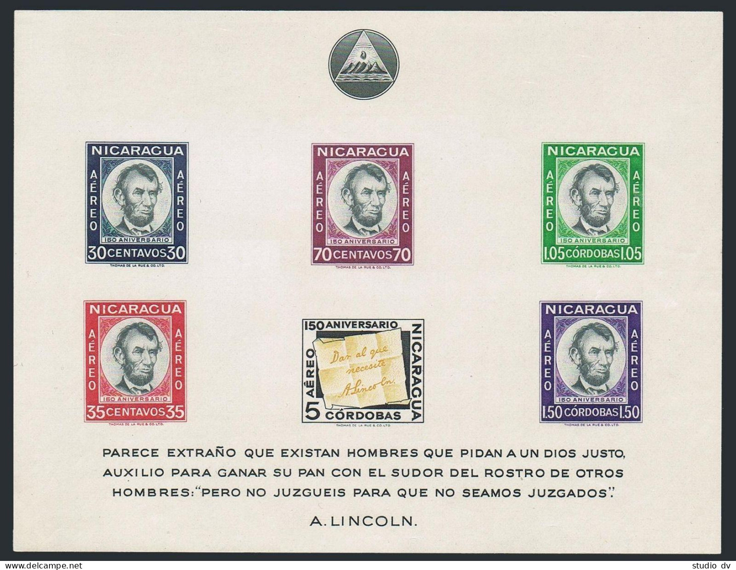 Nicaragua C442a Sheet, MNH. Michel Bl.53. President Abraham Lincoln, 150, 1960. - Nicaragua