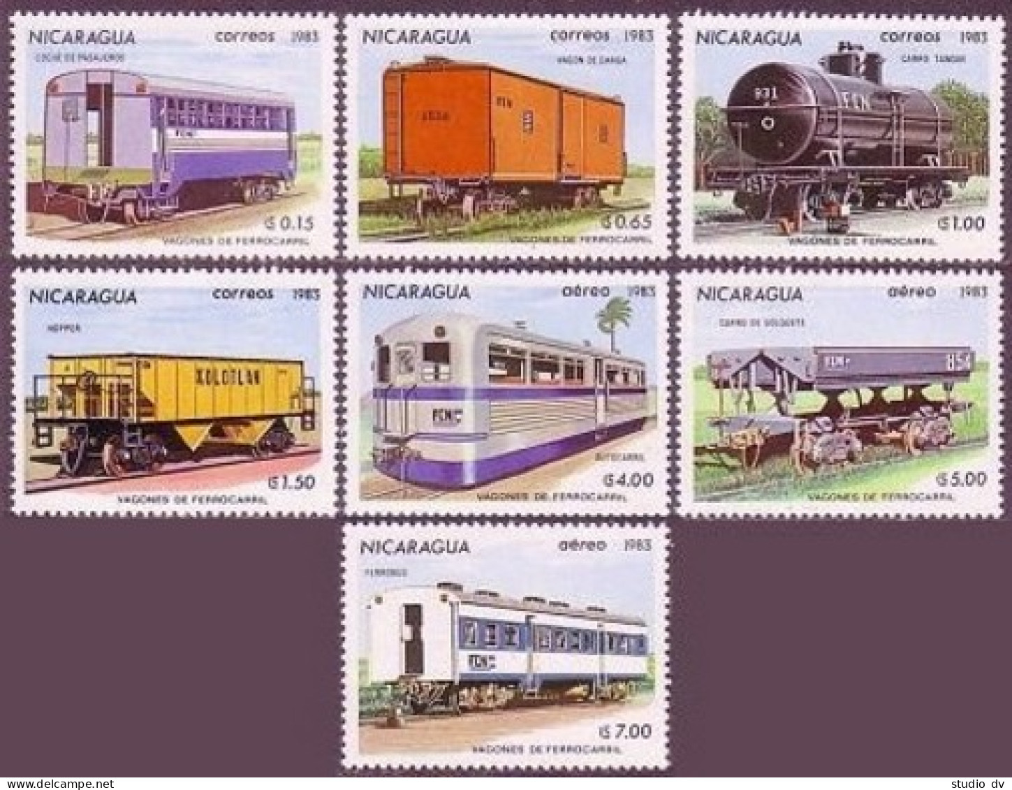 Nicaragua 1241-1247, MNH. Michel 2387-2393. Railroad Cars, 1983. - Nicaragua