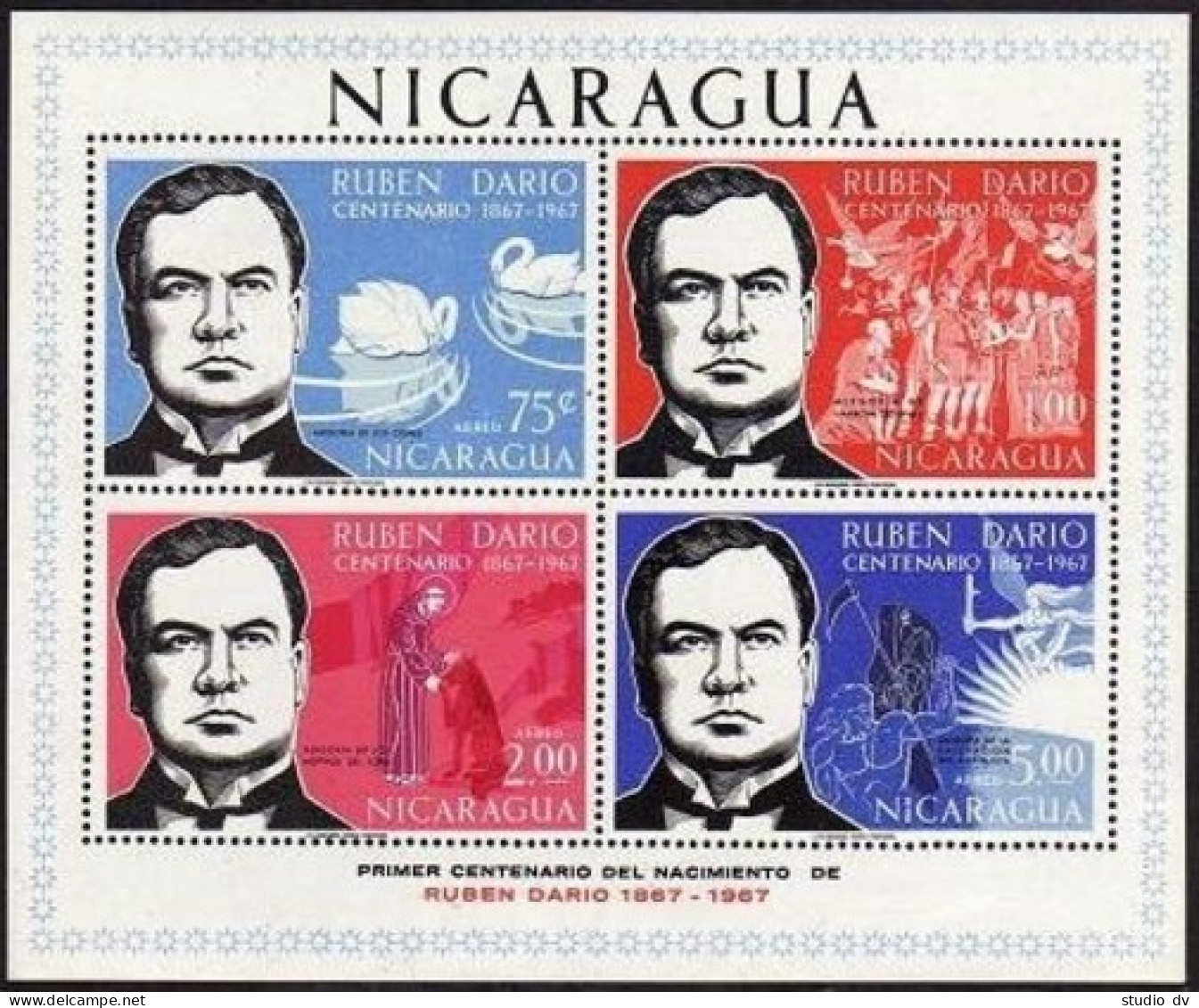 Nicaragua C601a,C605a Sheets, MNH. Mi Bl.65A-66A. Ruben Dario, Poet. Swans, 1967 - Nicaragua