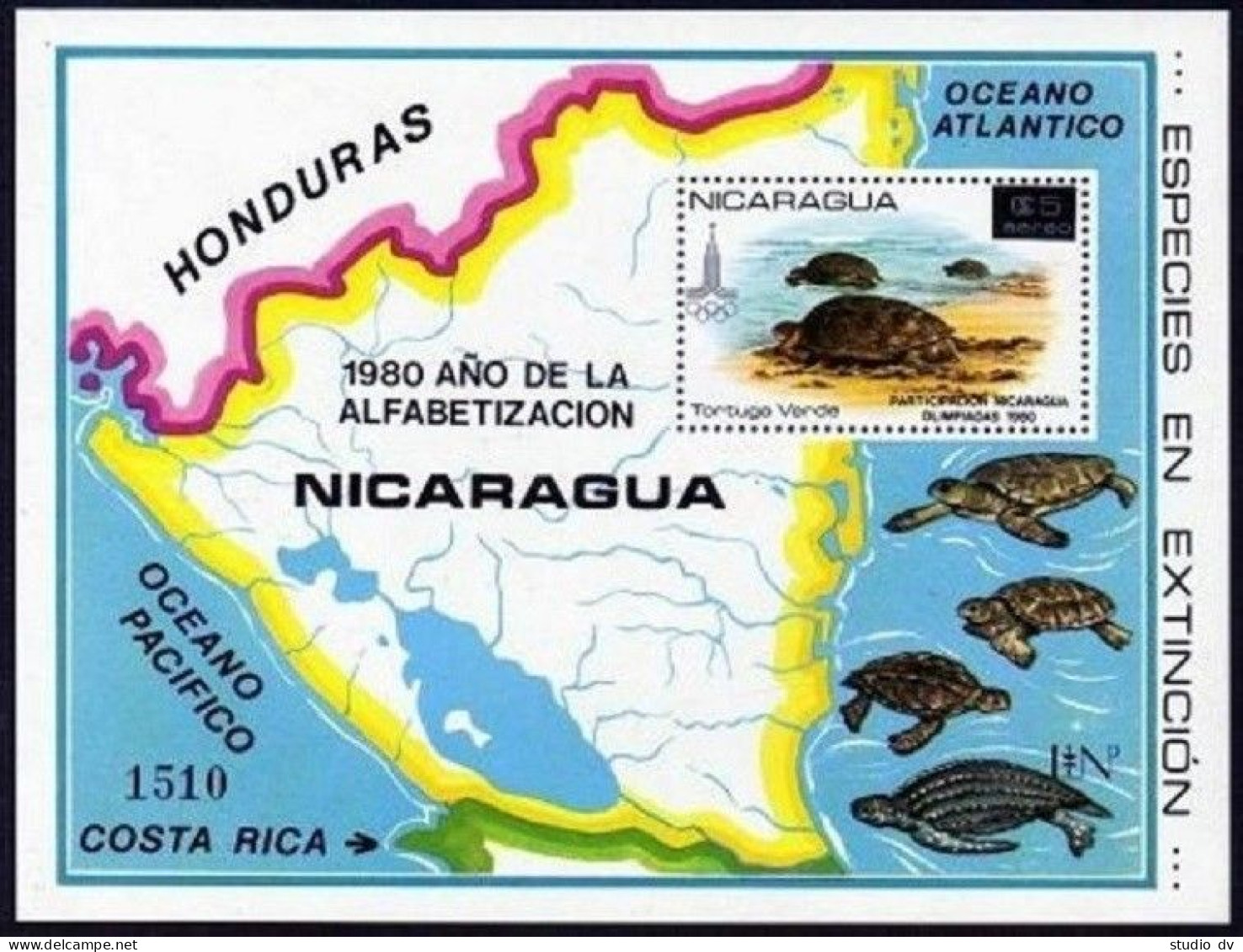 Nicaragua C975D Sheet Michel 2180 Bl.136, MNH. Turtle,Map. Olympics-Moscow-1980. - Nicaragua