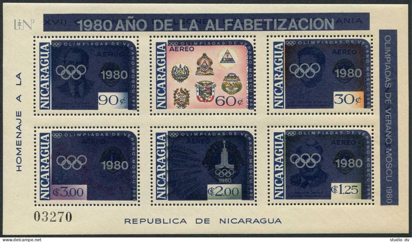 Nicaragua C971P Michel Bl.125, MNH. Olympics Moscow-1980. Literacy Year 1980. - Nicaragua