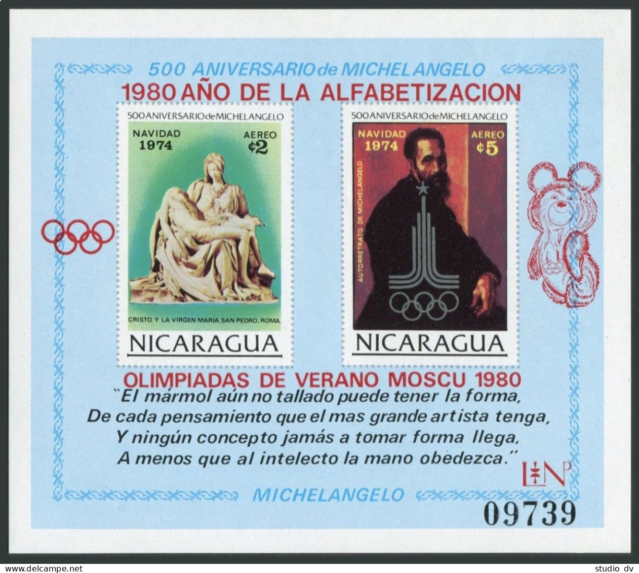 Nicaragua C862ab Mi Bl.118, MNH. Michelangelo. Olympics Lake Placid,Moscow-1980. - Nicaragua