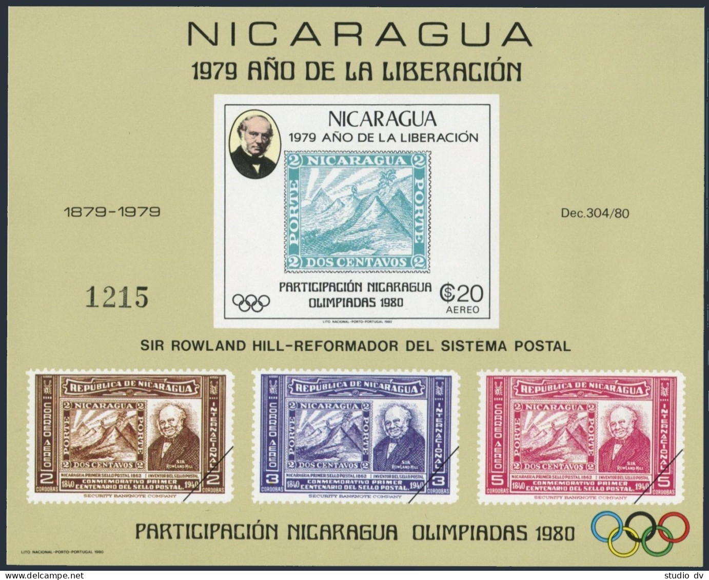 Nicaragua C970I Mi Bl.112, MNH. Rowland Hill, Olympics Lake Placid, Moscow-1980. - Nicaragua
