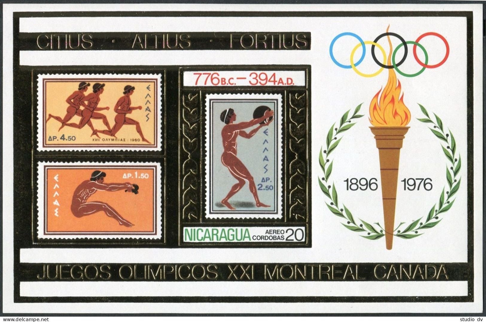 Nicaragua Michel 1901 Bl.90,MNH. Olympics Montreal-1976.Greece Olympic Stamps. - Nicaragua