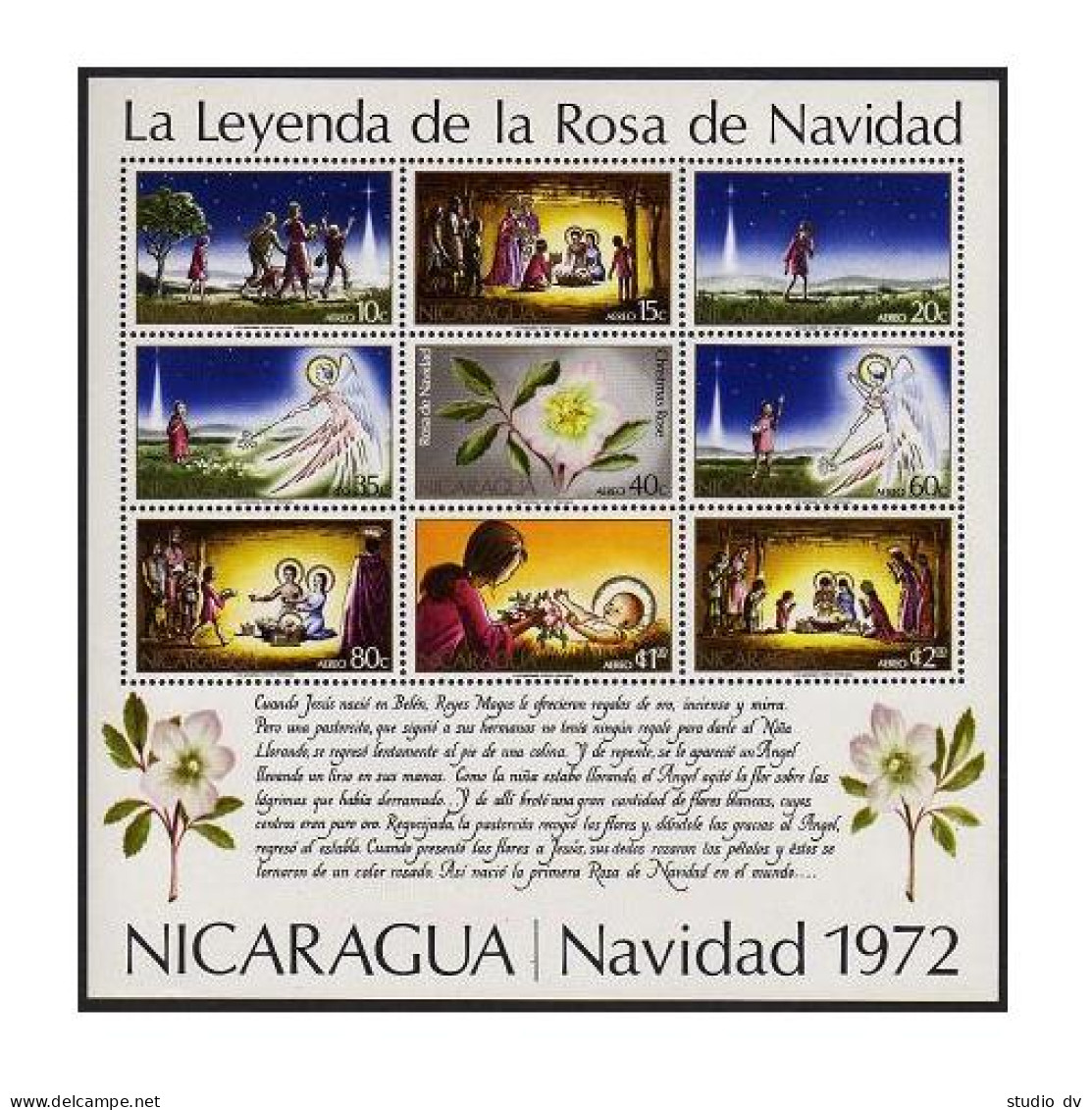 Nicaragua C821a Sheet, MNH. Mi Bl.72. Christmas 1972. Legend Of Rose. Flowers. - Nicaragua